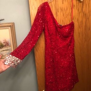 Formal red sparkly dress with one sleeve